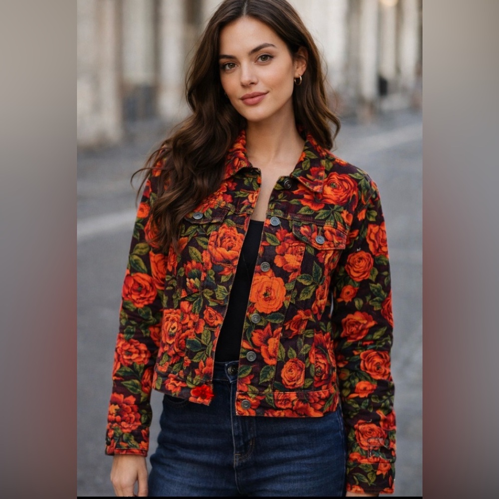 Isaac Mizrahi Live! Floral Print Cotton / Spandex Button Front Jacket. Sz 6. EUC